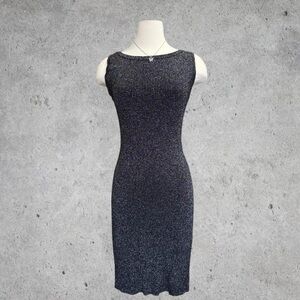 Adrienne Vittadini Black Metallic/ Shiny Ribbed Knit Fitted Midi Dress- Small